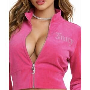 Vintage Juicy Couture Pink Velour Cropped Rhinestone Logo Hoodie Y2K Size L NWT